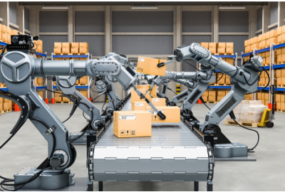 robots in warehouse on manufacturing line